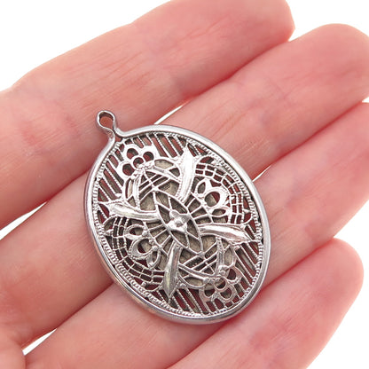 925 Sterling Silver Antique Art Deco Floral Filigree Oxidized Charm Pendant