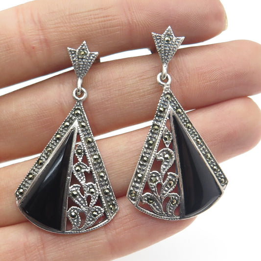 925 Sterling Silver Vintage Real Black Onyx & Marcasite Oxidized Dangle Earrings