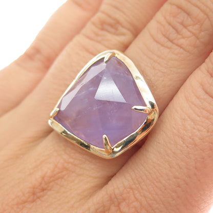 925 Sterling Silver Gold Plated Real Amethyst Modernist Ring Size 7.25