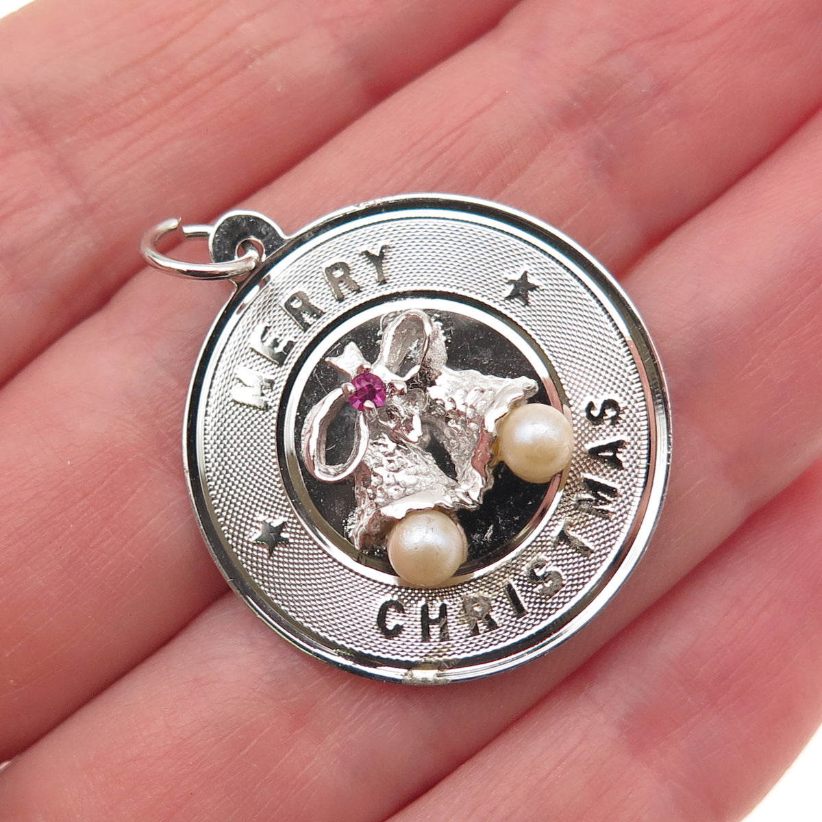 925 Sterling Silver Vintage Faux Pearl Rhinestone Merry Christmas Bells Pendant