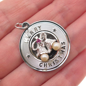 925 Sterling Silver Vintage Faux Pearl Rhinestone Merry Christmas Bells Pendant