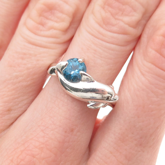 Gorham 925 Sterling Silver Vintage Real London Blue Topaz Dolphin Ring Size 8.5