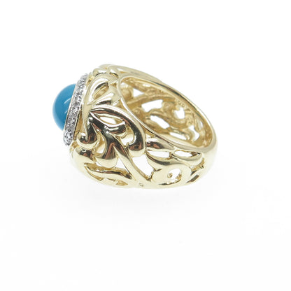 925 Sterling Silver Gold Plated Real Diamond Accent & Turquoise Ring Size 5.5