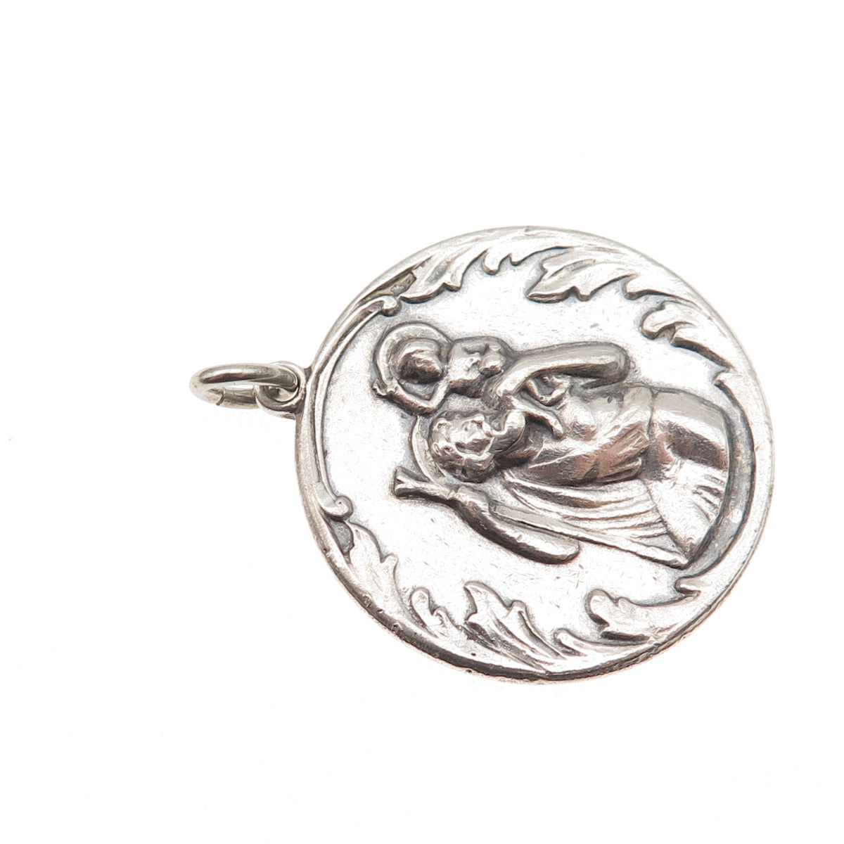 925 Sterling Silver Antique Art Deco St. Christopher Oxidized Charm Pendant