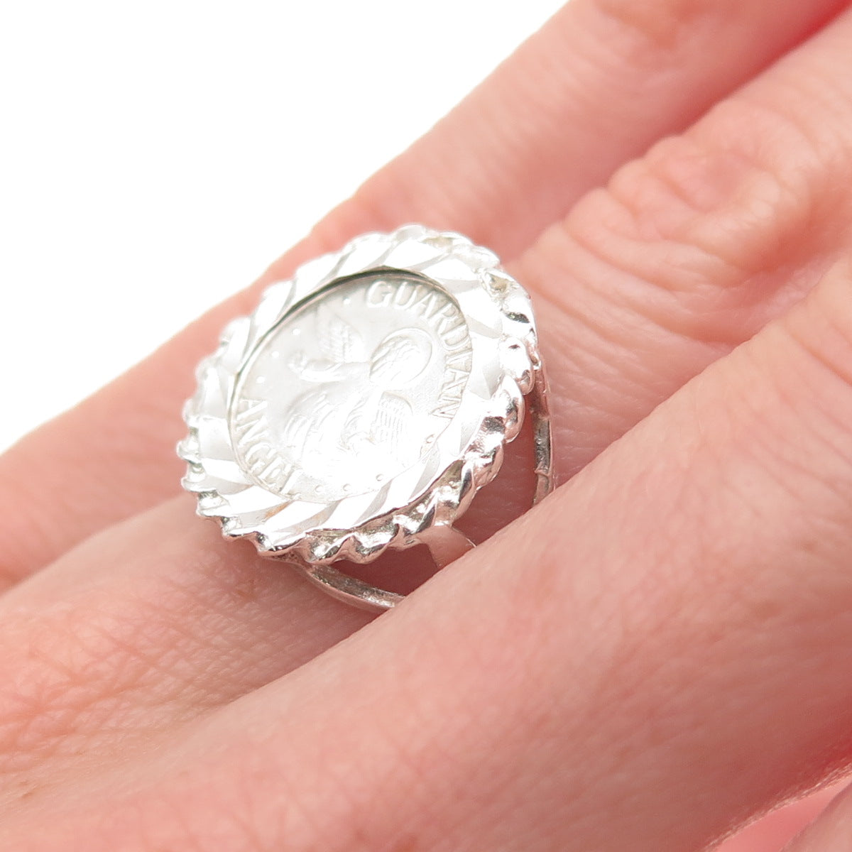 925 Sterling Silver Vintage Guardian Angel Coin Oxidized Ring Size 5.5