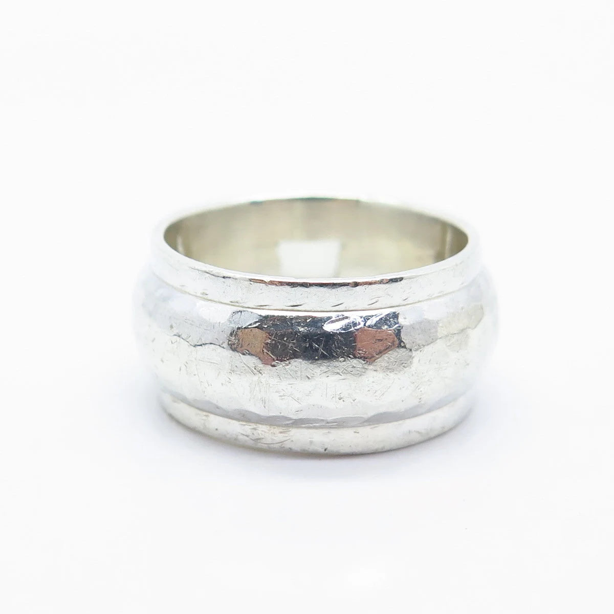 925 Sterling Silver Vintage Real Clear Quartz Hammered Wide Ring Size 8