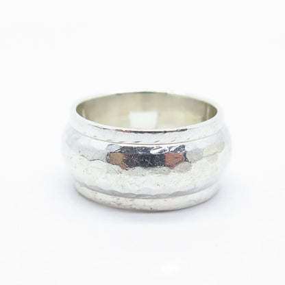 925 Sterling Silver Vintage Real Clear Quartz Hammered Wide Ring Size 8