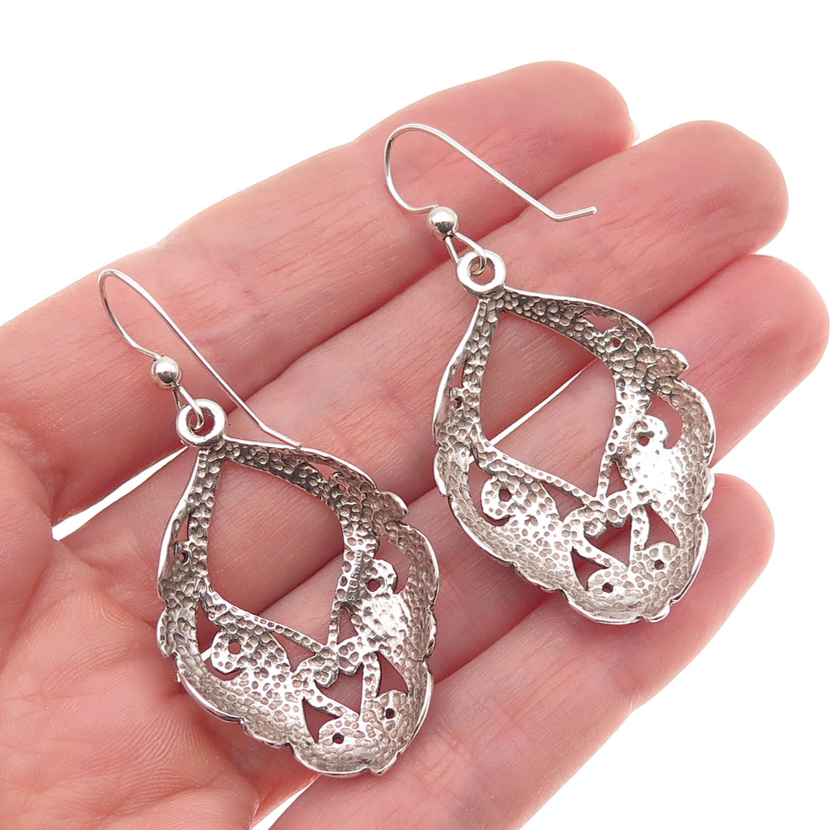 925 Sterling Silver Vintage Floral Heart Oxidized Dangle Earrings