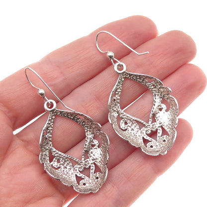 925 Sterling Silver Vintage Floral Heart Oxidized Dangle Earrings