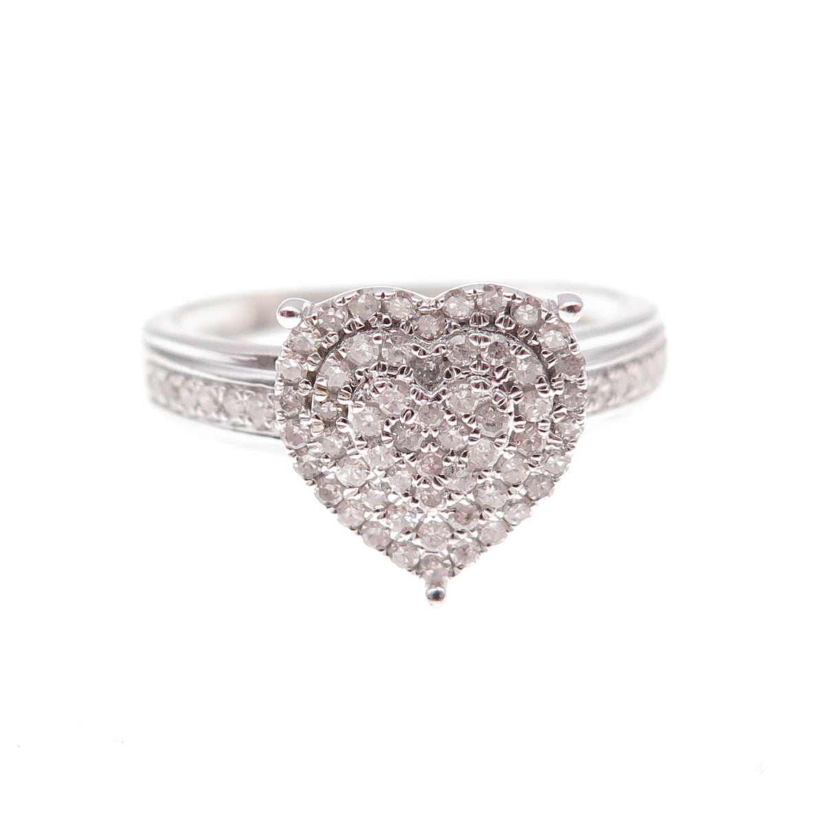 925 Sterling Silver Real Round-Cut Diamond Heart Ring Size 7