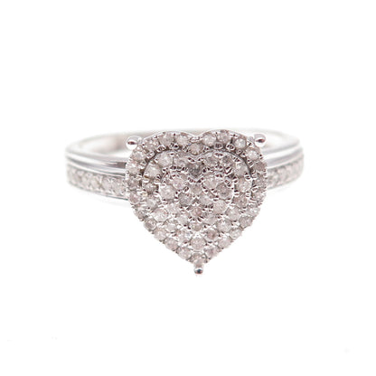 925 Sterling Silver Real Round-Cut Diamond Heart Ring Size 7