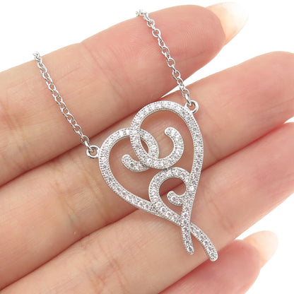 925 Sterling Silver Round-Cut C Z Swirl Heart Cable Chain Necklace 16-18"