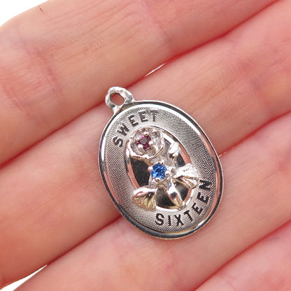 925 Sterling Silver Vintage Rhinestone Sweet 16 Flower Charm Pendant