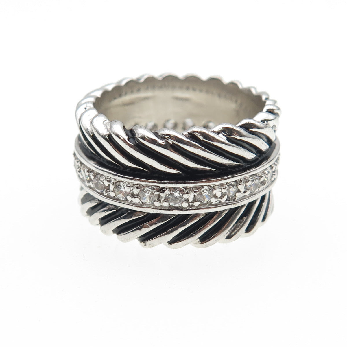 925 Sterling Silver Round-Cut C Z Feather Oxidized Band Ring Size 7