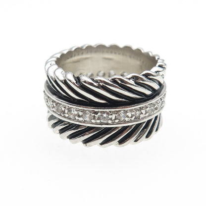 925 Sterling Silver Round-Cut C Z Feather Oxidized Band Ring Size 7