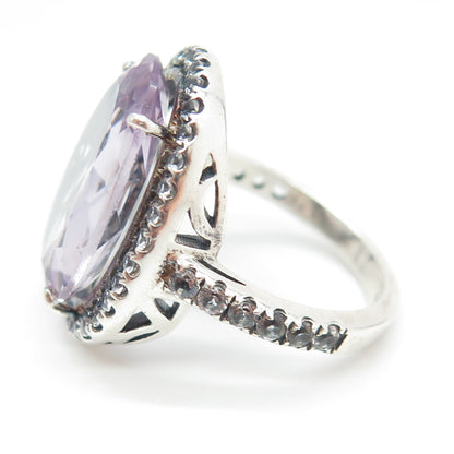 925 Sterling Silver Real White Topaz & Amethyst Gemstone Ring Size 8.25