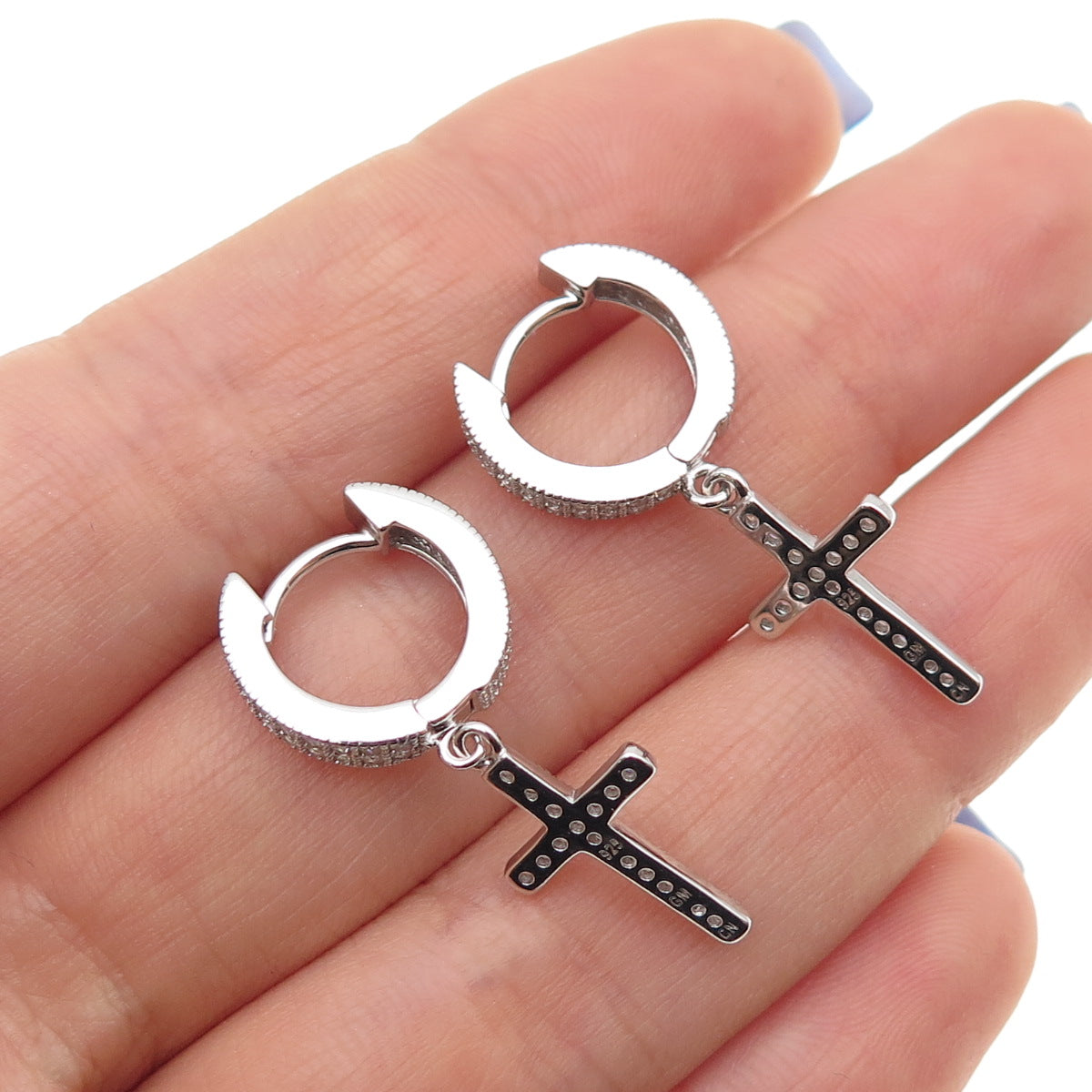 925 Sterling Silver Round-Cut C Z Dangle Cross Hoop Earrings
