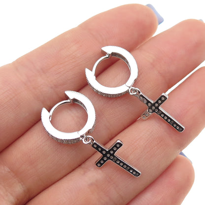 925 Sterling Silver Round-Cut C Z Dangle Cross Hoop Earrings