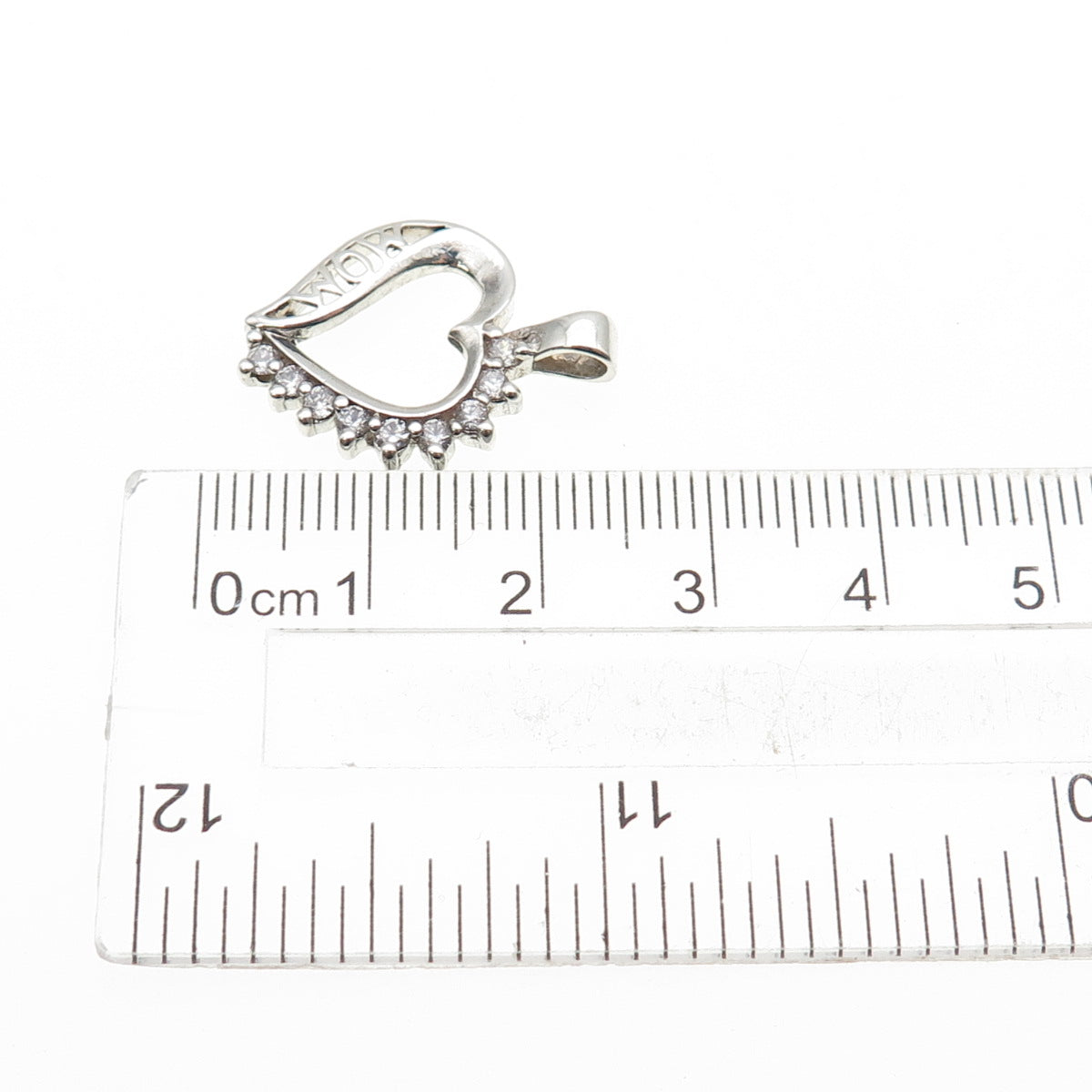 925 Sterling Silver Round-Cut C Z Mom Heart Mini Charm Pendant