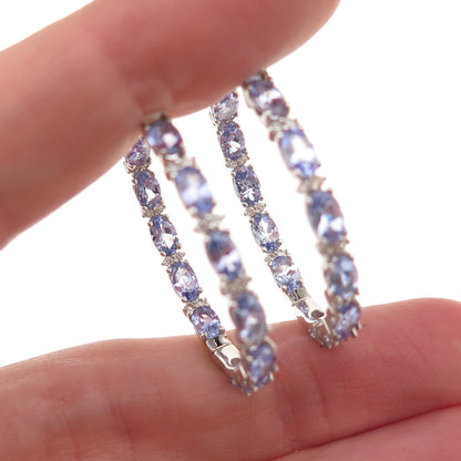 925 Sterling Silver Real Tanzanite White Topaz In & Out Hoop Earrings