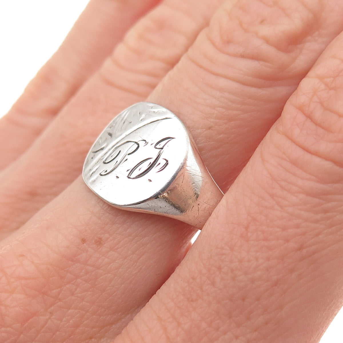 925 Sterling Silver Vintage England Engraved PG Mono Signet Ring Size 9.75