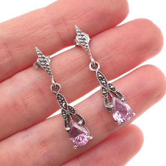 925 Sterling Silver Vintage Real Amethyst & Marcasite Oxidized Dangle Earrings