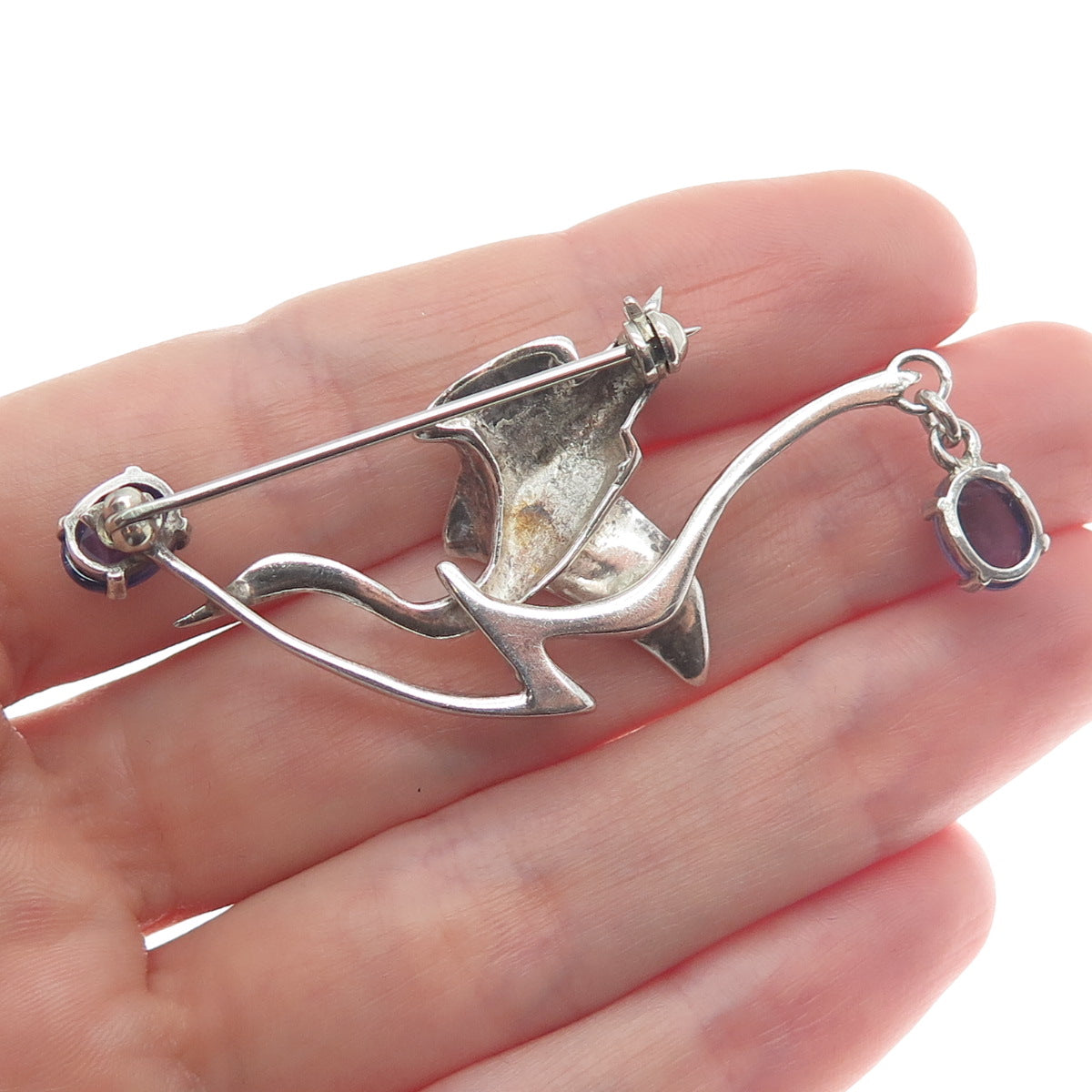 925 Sterling Silver Vintage Real Amethyst Modernist Stork Bird Pin Brooch
