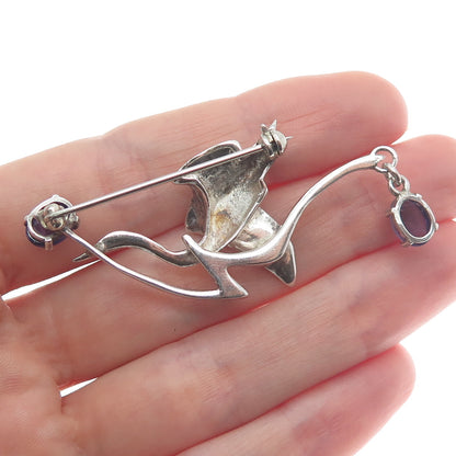 925 Sterling Silver Vintage Real Amethyst Modernist Stork Bird Pin Brooch