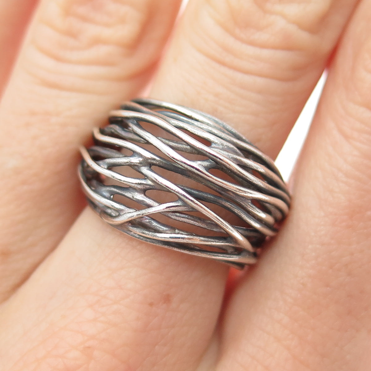 925 Sterling Silver Vintage Modernist Nest Oxidized Ring Size 7.5