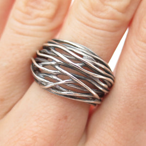 925 Sterling Silver Vintage Modernist Nest Oxidized Ring Size 7.5
