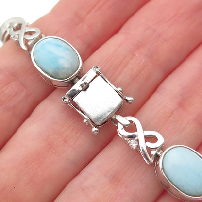 JH YOUNG 925 Sterling Silver Real Larimar & C Z Infinity Link Bracelet 7.75"