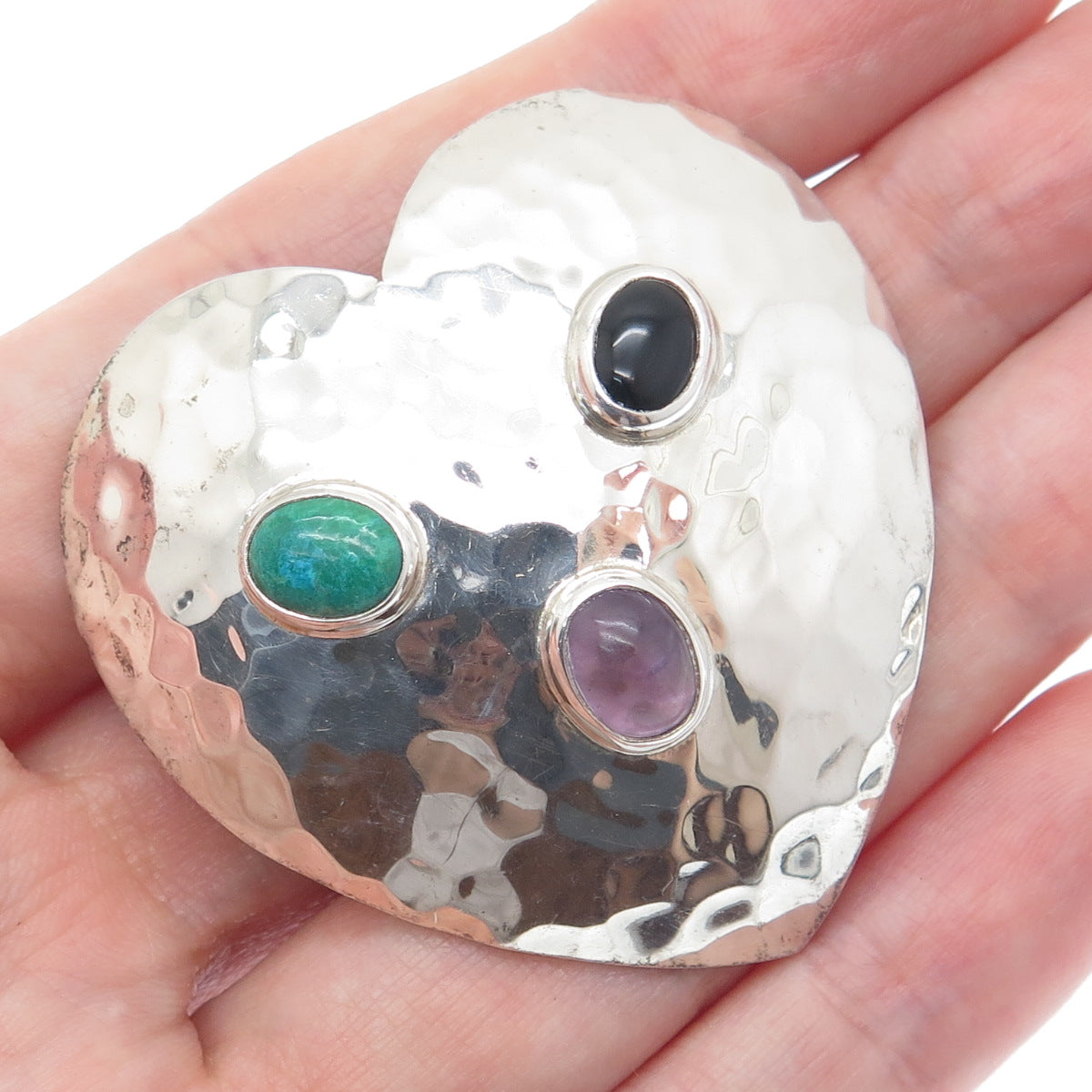 925 Sterling Silver Vintage Mexico Turquoise Amethyst Onyx Hammered Heart Brooch