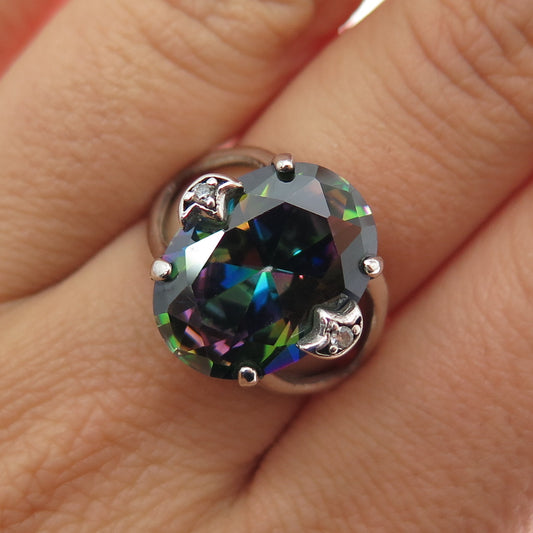 925 Sterling Silver Real Mystic Quartz & C Z Ring Size 7
