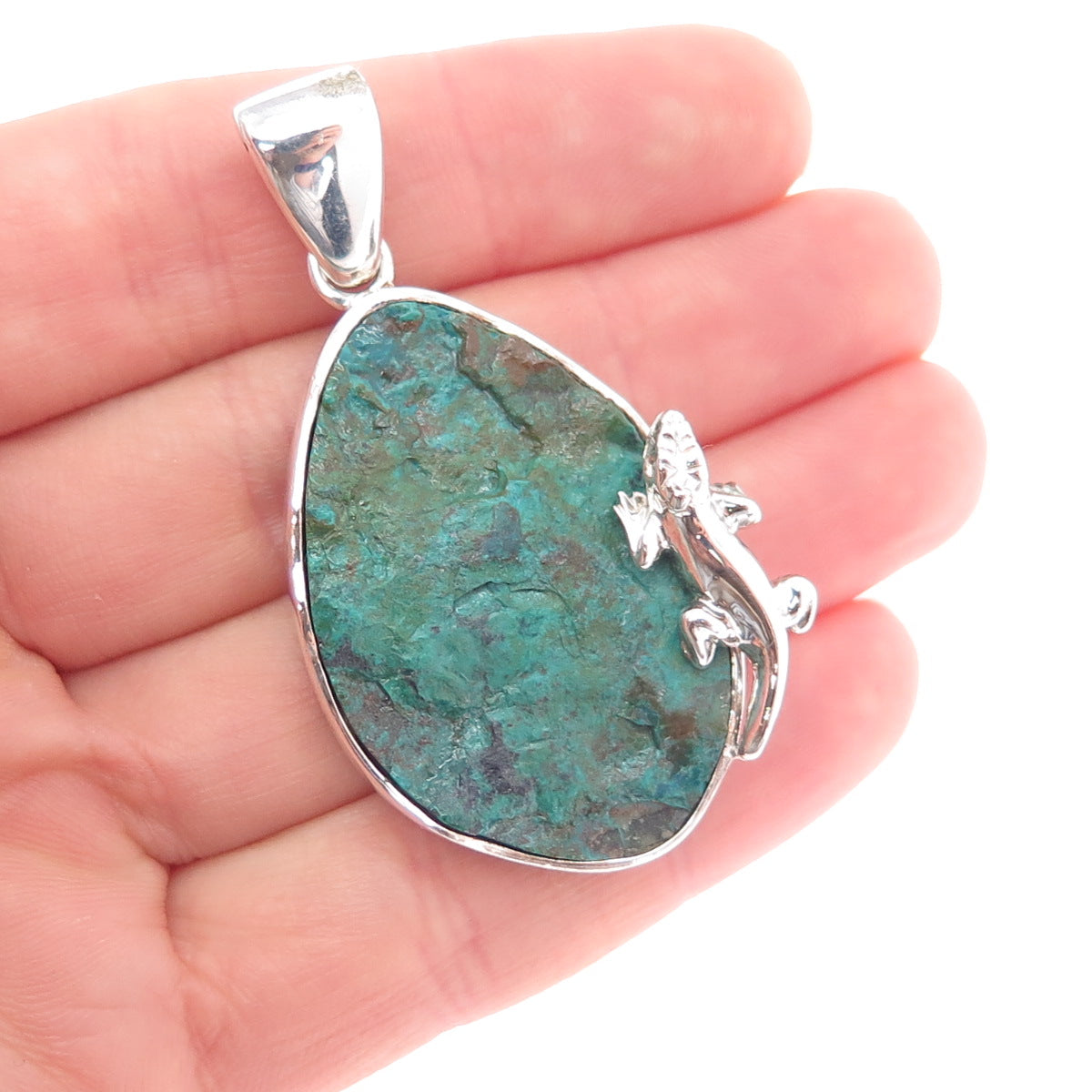 925 Sterling Silver Vintage Real Royston Turquoise Lizard Pendant