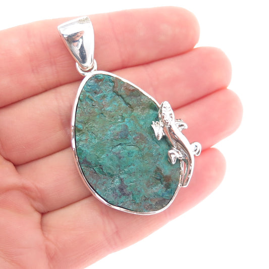 925 Sterling Silver Vintage Real Royston Turquoise Lizard Pendant