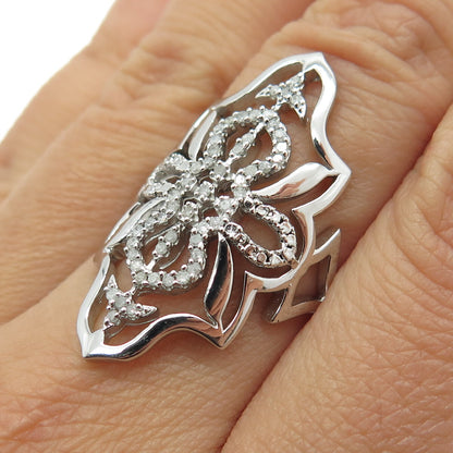 925 Sterling Silver Real Round-Cut Diamond Floral Statement Ring Size 7.25