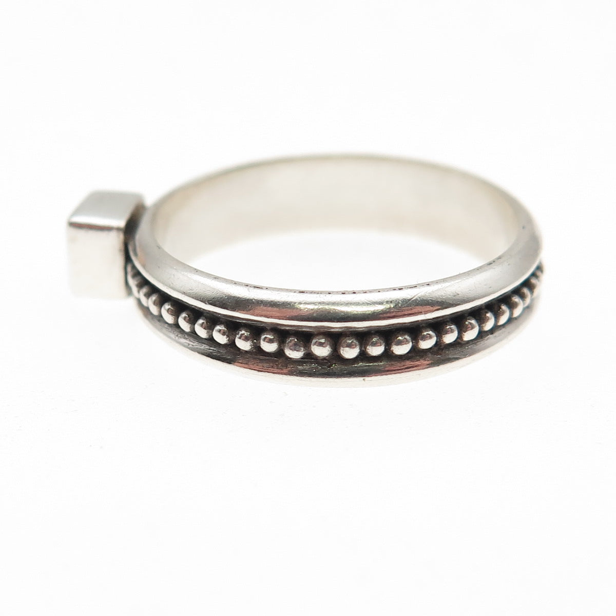 925 Sterling Silver Vintage Real Smoky Quartz Beaded Oxidized Ring Size 8