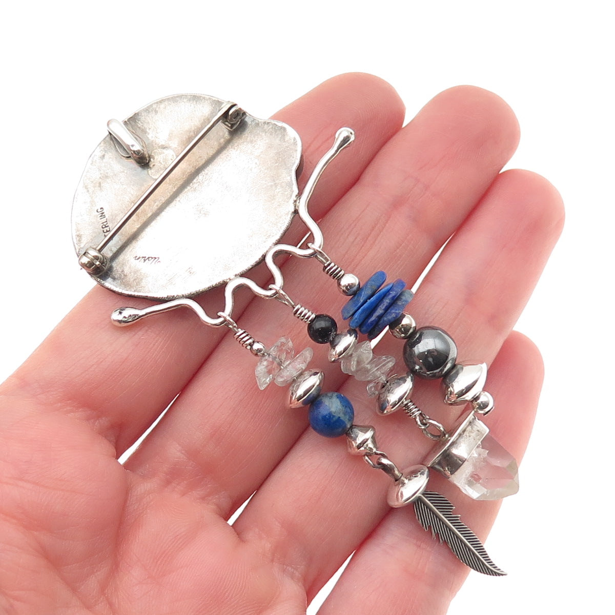 Alan Uchin Sterling Vintage Opalite Hematite Quartz & Lapis Crescent Pin Pendant