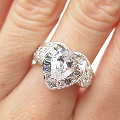 925 Sterling Silver Pear Round & Tapered Baguette-Cut C Z Heart Ring Size 7