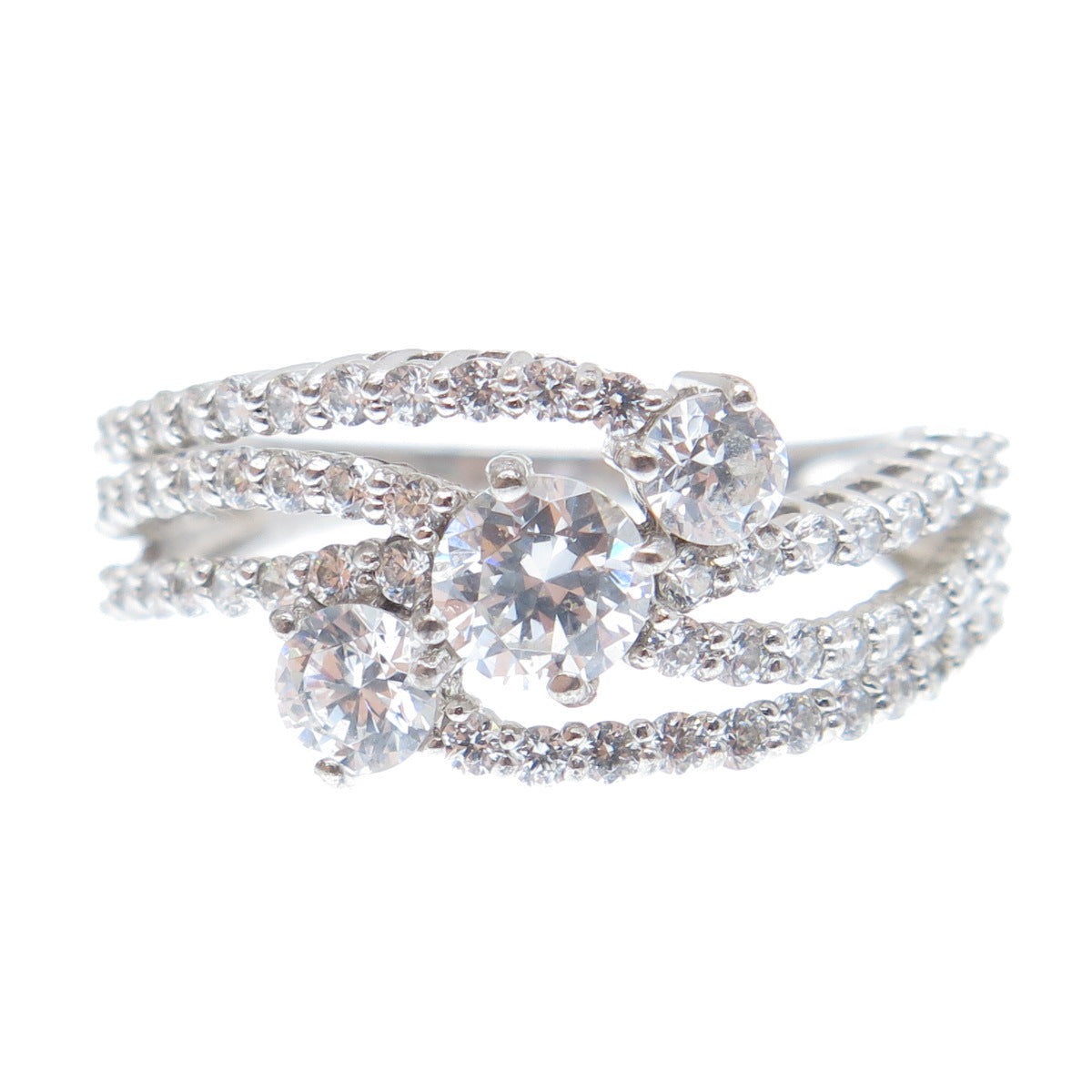 925 Sterling Silver Round-Cut C Z 3-Row Wavy Ring Size 7.25