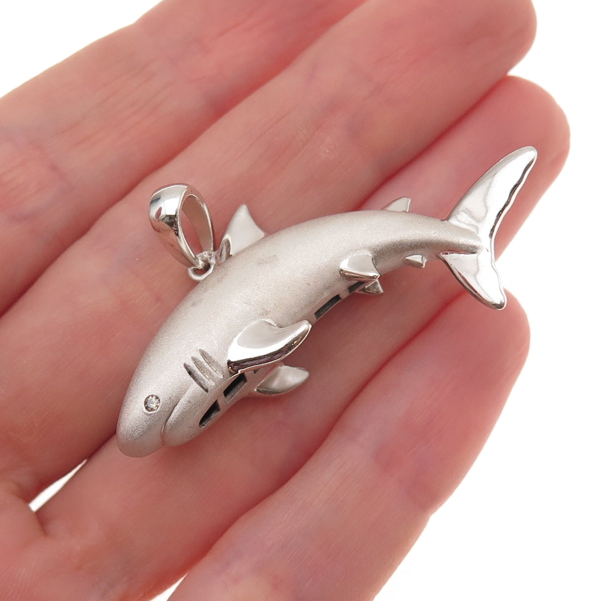 925 Sterling Silver Vintage C Z Great White Shark 3D Pendant