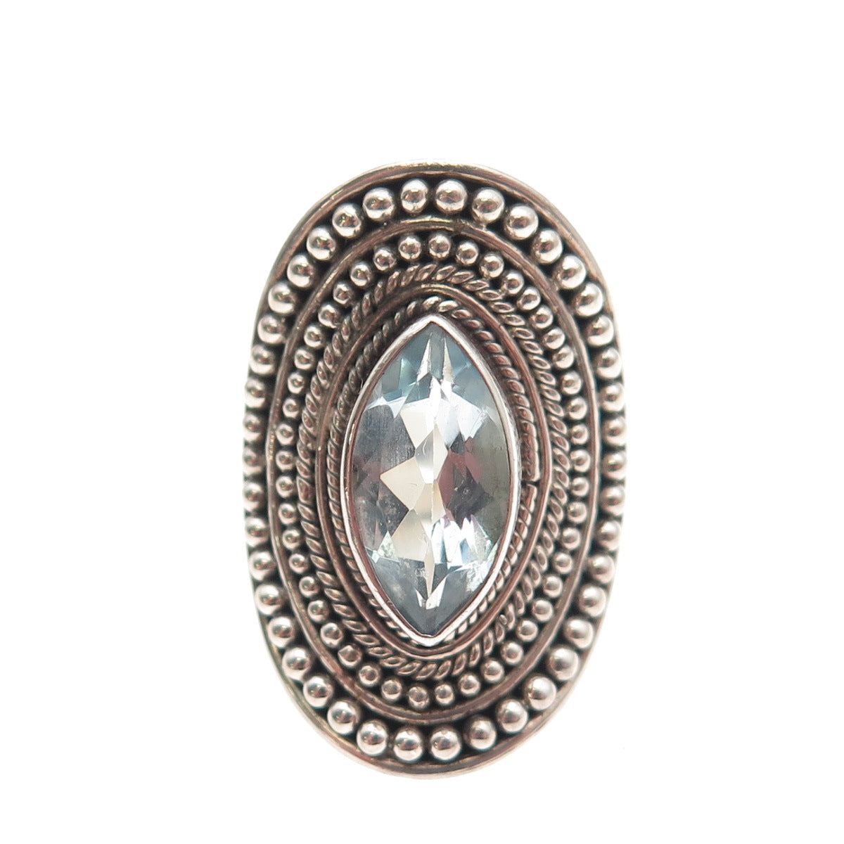 925 Sterling Silver Vintage Real Blue Topaz Modernist Beaded Ring Size 7.25