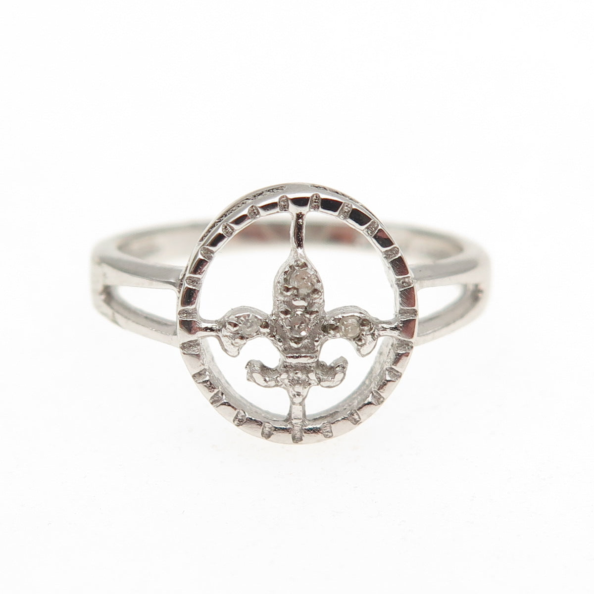 925 Sterling Silver Real Round-Cut Diamond Fleur de Lis Ring Size 6