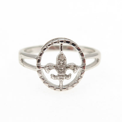 925 Sterling Silver Real Round-Cut Diamond Fleur de Lis Ring Size 6