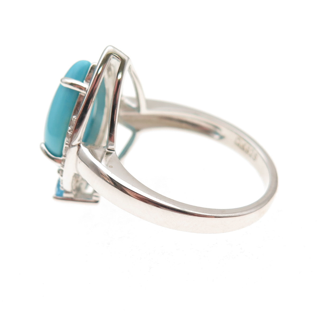 925 Sterling Silver Real Turquoise Blue & White Topaz Teardrop Ring Size 8.25