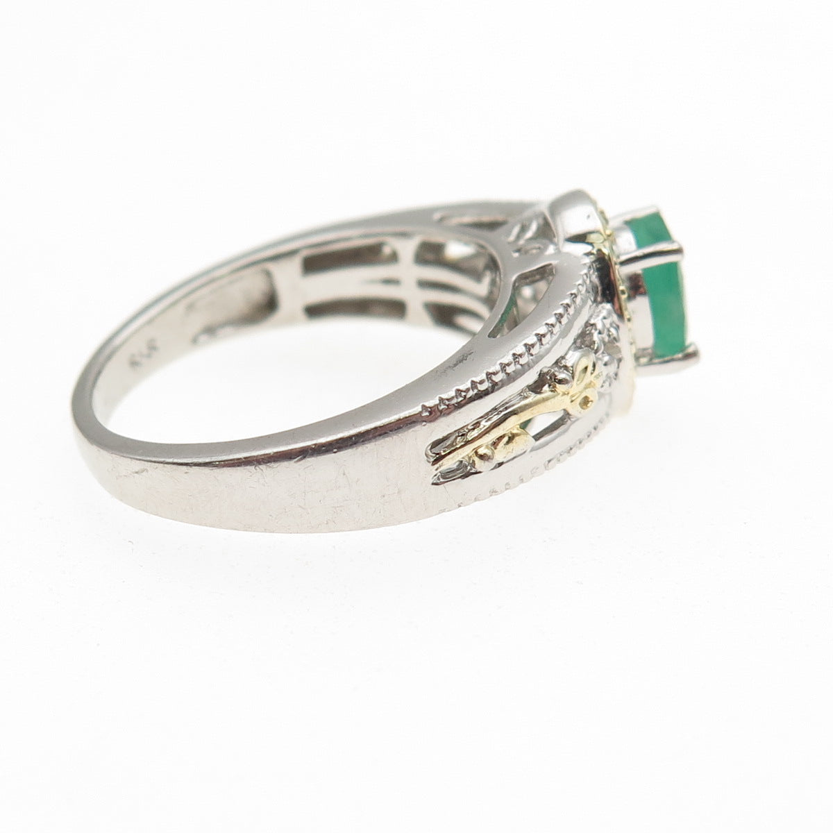 Chuck Clemency 925 Sterling Silver 2-Tone Real Diamond & Emerald Ring Size 8.25