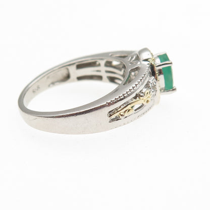 Chuck Clemency 925 Sterling Silver 2-Tone Real Diamond & Emerald Ring Size 8.25