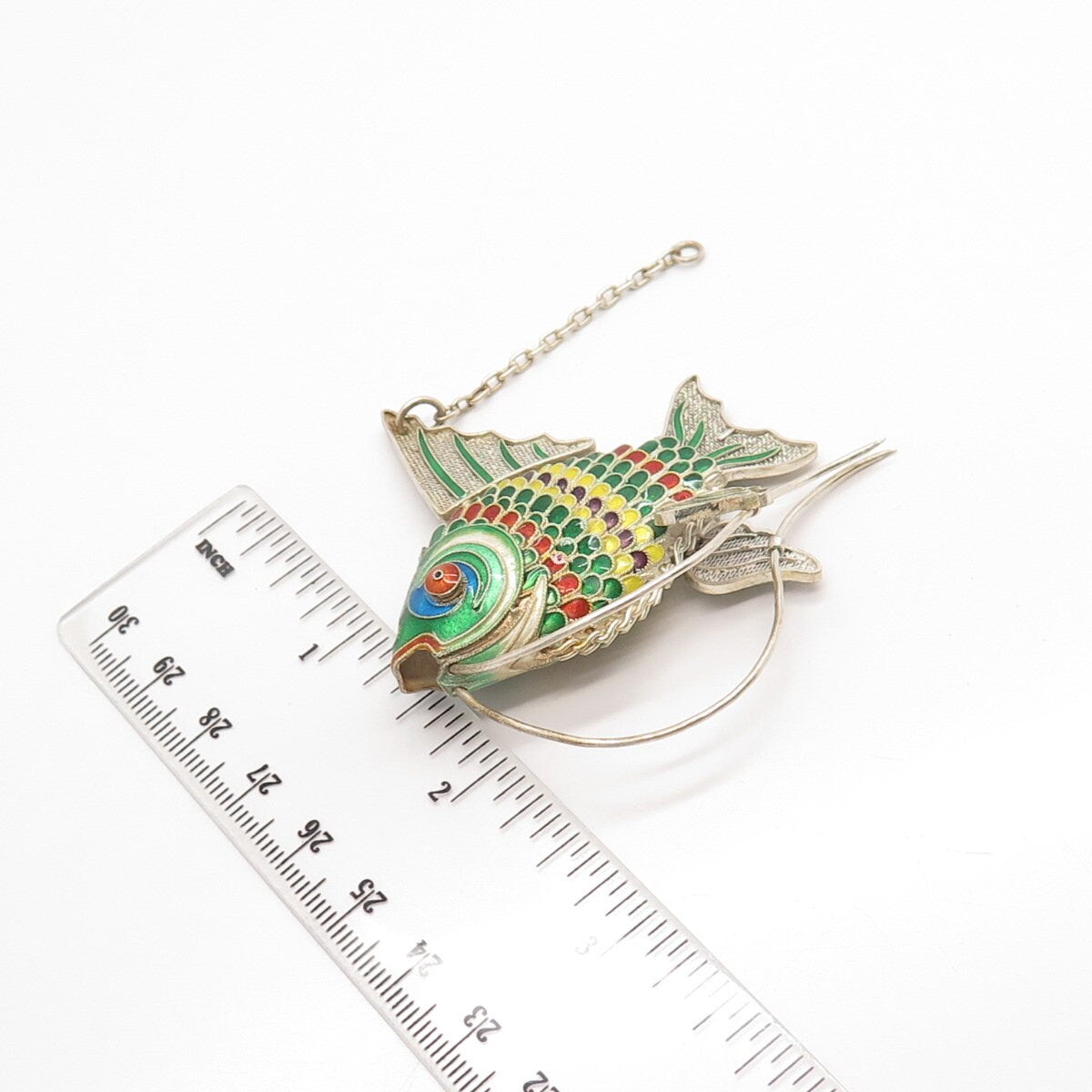 925 Sterling Silver Antique Enamel Chinese Koi Fish Articulated Chatelaine Fob