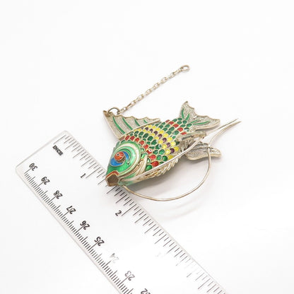 925 Sterling Silver Antique Enamel Chinese Koi Fish Articulated Chatelaine Fob
