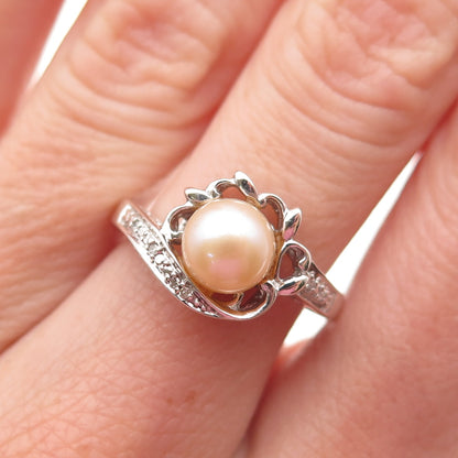 925 Sterling Silver Real Round-Cut Diamond & Pearl Ring Size 6.75